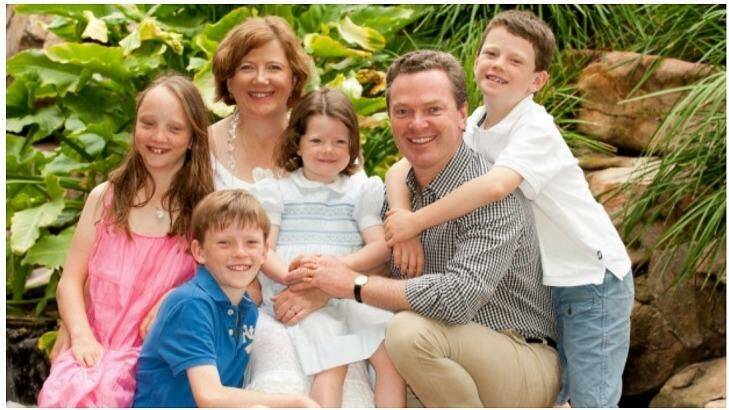 Carolyn and Christopher Pyne with their four children (from left) Eleanor, Barnaby, Aurelia and Felix, in 2012. Photo: SUPPLIED