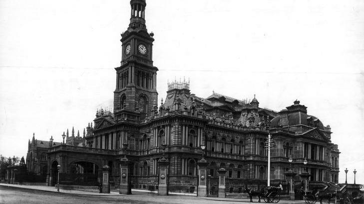 The exterior of Sydney Town Hall in 1892 as viewed from the corner of George and Park Streets.  Photo: Fairfax Archives