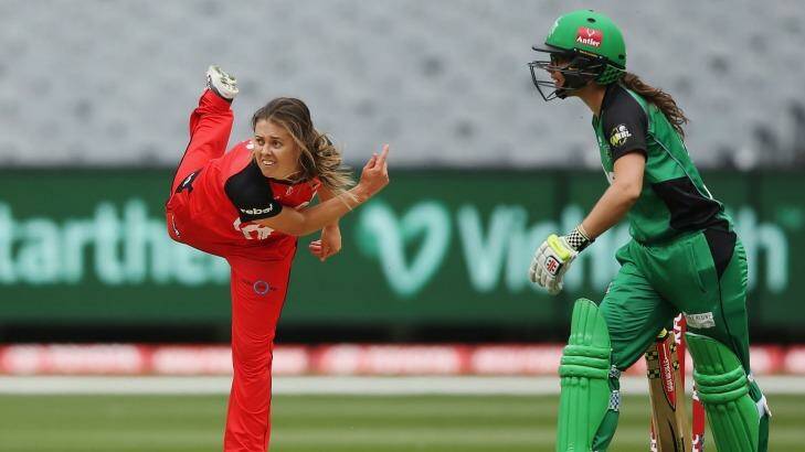 Molly Strano, of the Renegades, bowls against the Stars in Melbourne during the Women's Big Bash League. Photo: Wayne Ermel