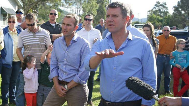 Premier Mike Baird visits the town of Bulga with Planning Minister Rob Stokes in April 2015. Photo: Marina Neil
