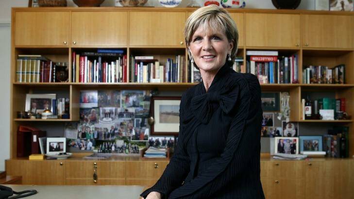 Foreign Affairs Minister Julie Bishop in her office at Parliament House in Canberra on Wednesday. Photo: Alex Ellinghausen