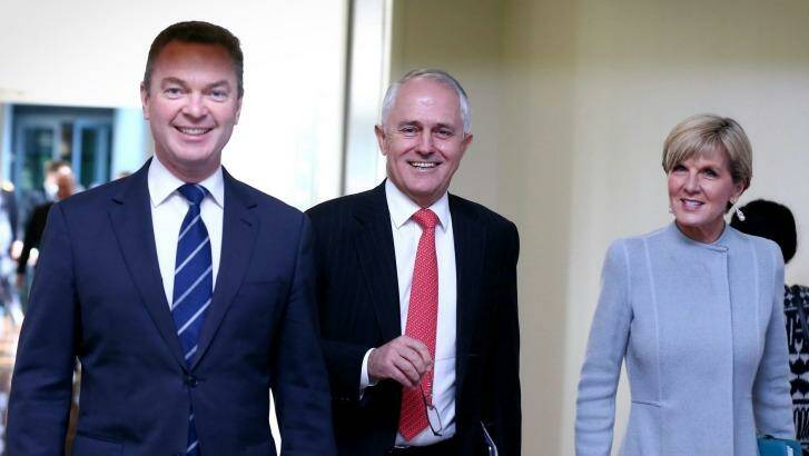 Christopher Pyne (left), pictured with Malcolm Turnbull and Julie Bishop on Monday. Photo: Alex Ellinghausen