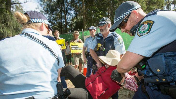 Protesters blocked construction workers for about an hour before they were forcibly removed by police. Photo: Cole Bennetts