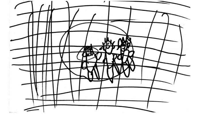 "My dad, me and my mum behind the fence at Nauru." Boy, 6 years. Drawings from young asylum seekers in 'The health and well-being of children in immigration detention' report. Photo: Australian Human Rights Commission