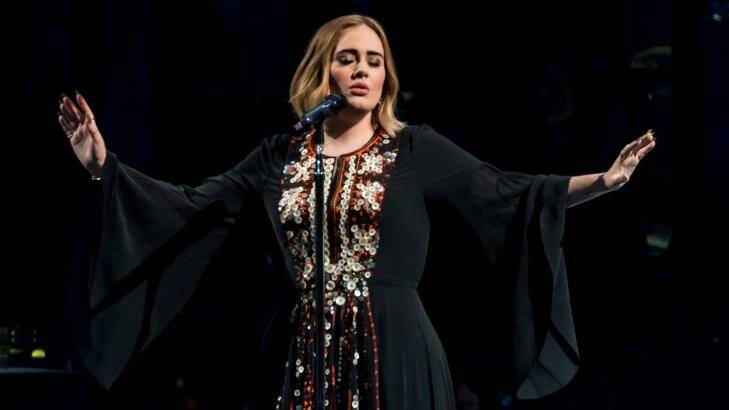 Adele singing and swearing at the 2016 Glastonbury Festival. Photo: Ian Gavan