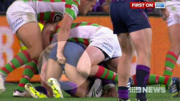 Burgess’ squirrel grip tackle on Melbourne’s Will Chambers last year incurred a one-match ban and sentiment that lasted much longer.  Photo: Chanel Nine
