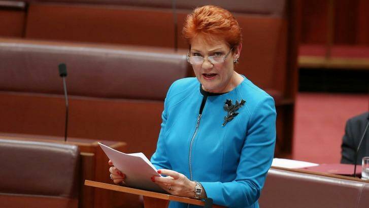 Senator Pauline Hanson delivering her first speech in the Senate on 14 September, 2016. Photo: Alex Ellinghausen