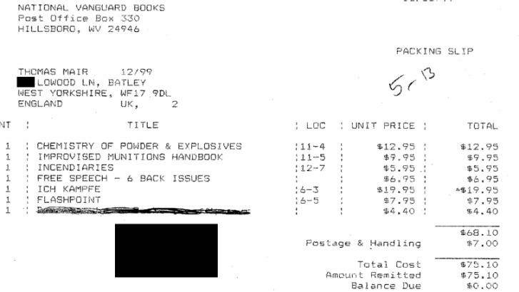 A receipt that allegedly shows Thomas Mair, the man arrested over the killing of British MP Jo Cox, bought far-right wing and Nazi materials. 