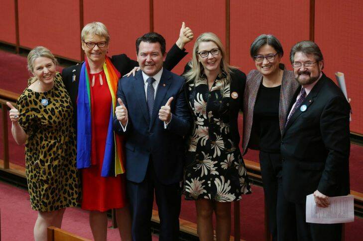 Senator Dean Smith with Senators Louise Pratt, Janet Rice, Skye Kakoschke-Moore, Penny Wong and Derryn Hinch after the introduction of the Marriage Amendment Bill at Parliament House in Canberra on Wednesday 15 November 2017. Fedpol. Sexpol. Photo: Andrew Meares

(archive photo appearing in GW, dec 16/17 issue)