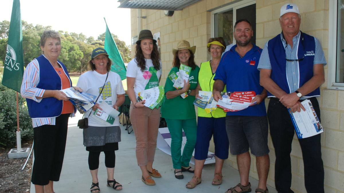 Norma Smith, Kathy Hine, Anna Morcombe, Cheryl Bradley, Heather Dellaca, Greg Smith and Mark Biven campaigning at Castletown Primary School. Photo: Lauren Vardy/Esperance Express.