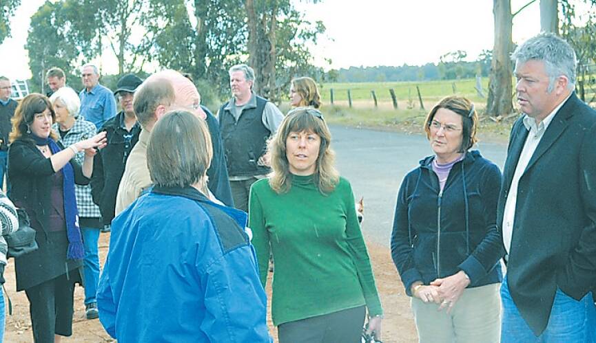 Independent MP Adele Carles (left) and MLA Troy Buswell meet with members of No COALition, a group opposed to the proposed development of a coal mine near Margaret River.