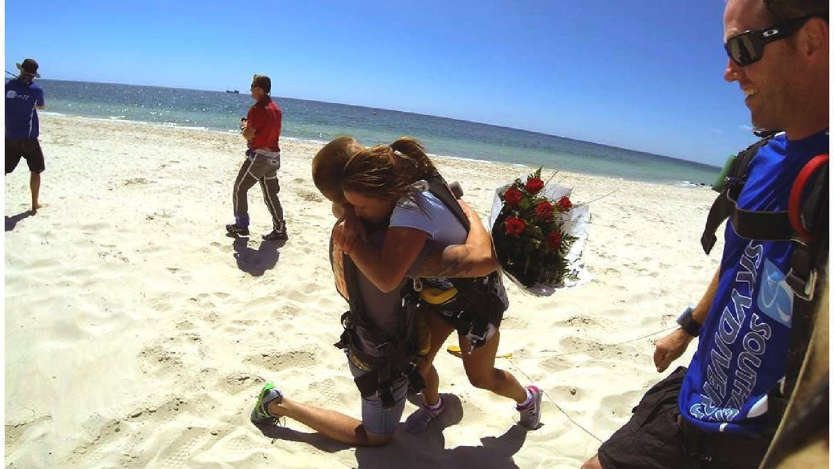 British tourst Luke Harding proposed to girlfriend Rachel Hughes in Busselton earlier this month after a surprise skydive.
