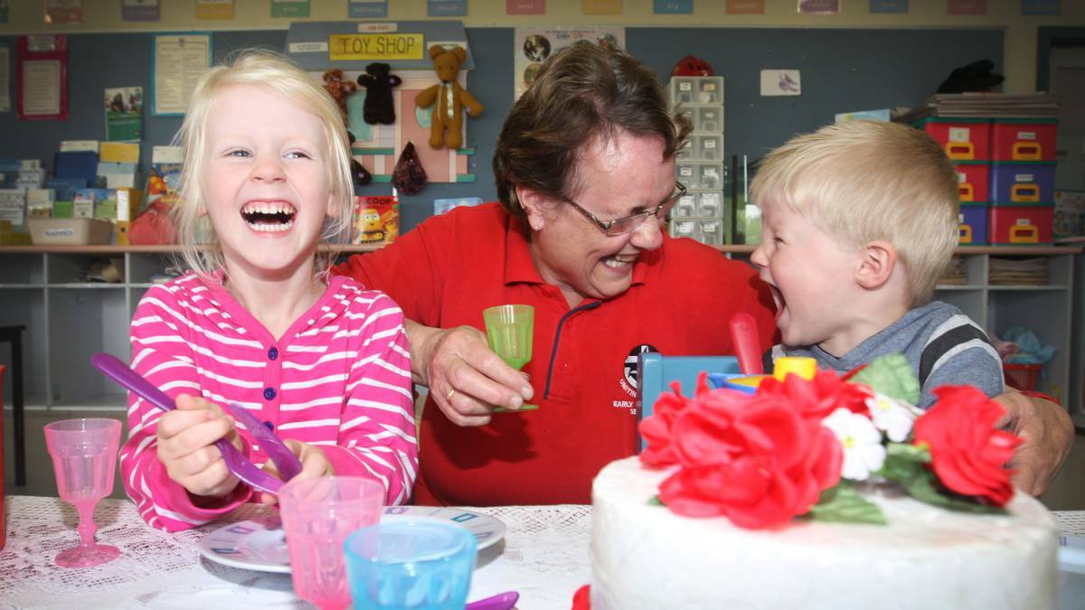 Zoe Davis, 4, and her brother Finn, 2, enjoy a make-believe tea party at Warrnambool Uniting Church childcare centre with director Liz Sparrow. Pic: The Standard- Warrnambool