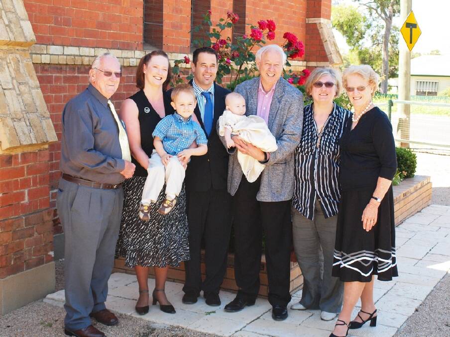 Baby Jenson, after his baptism, with his parents and grandparents. Bill Speirs, Leanne and Aston Hornery, James Hornery, Ray Hornery holding Jenson Hornery, Natalia Bakhilova and Lorraine Speirs. Photo submitted by Leanne Hornery.