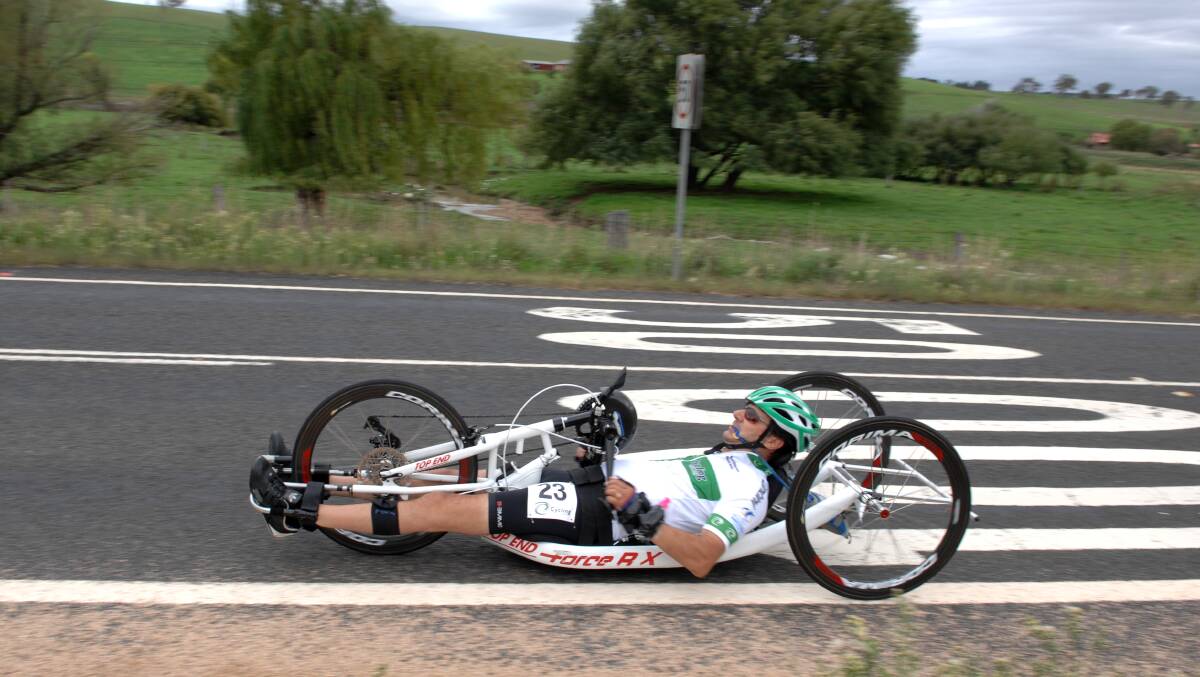 ON THE ROAD: Grant Nickel did himself proud by claiming victory in the handcycle road race. This race was part of round two of the National Para-cycling Series in Bathurst. Photo: ZENIO LAPKA 031614zcycle4