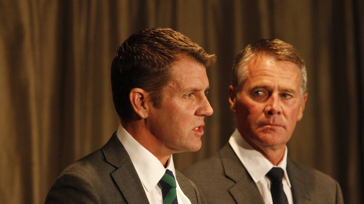 NSW Premier Mike Baird and Andrew Stoner Deputy Premier making the Cabinet announcement. Photo by Louise Kennerley.
