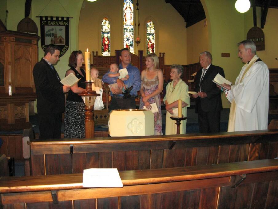 James, Leanne and Jenson Hornery, Ethan, Christopher and Lisa Strong, Lesley and John Patterson with Rev. James Hodson during the intimate baptism of Jenson Hornery in 2010. Submitted by Leanne Hornery. 