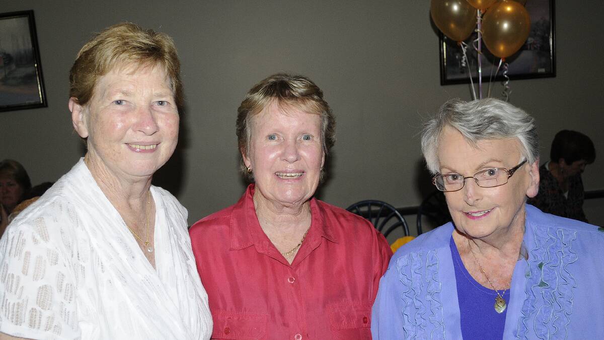 SNAPPED: Graham and Kay Clarke's 50th wedding anniversary celebrations. Left, Heather Barlow, Marie Clarke and Norma Churchyard. 040514c50wed4