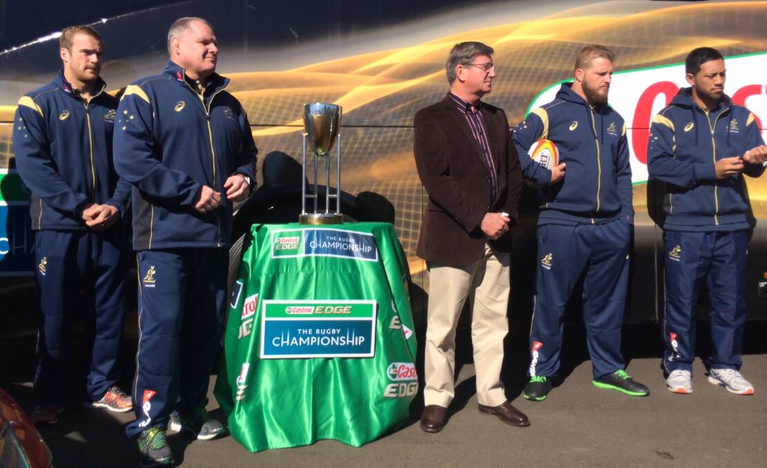 MOUNT PANORAMA: The Wallabies have arrived in Bathurst as part of their Bush2Bledisloe tour. They were welcomed to the city by mayor Gary Rush.