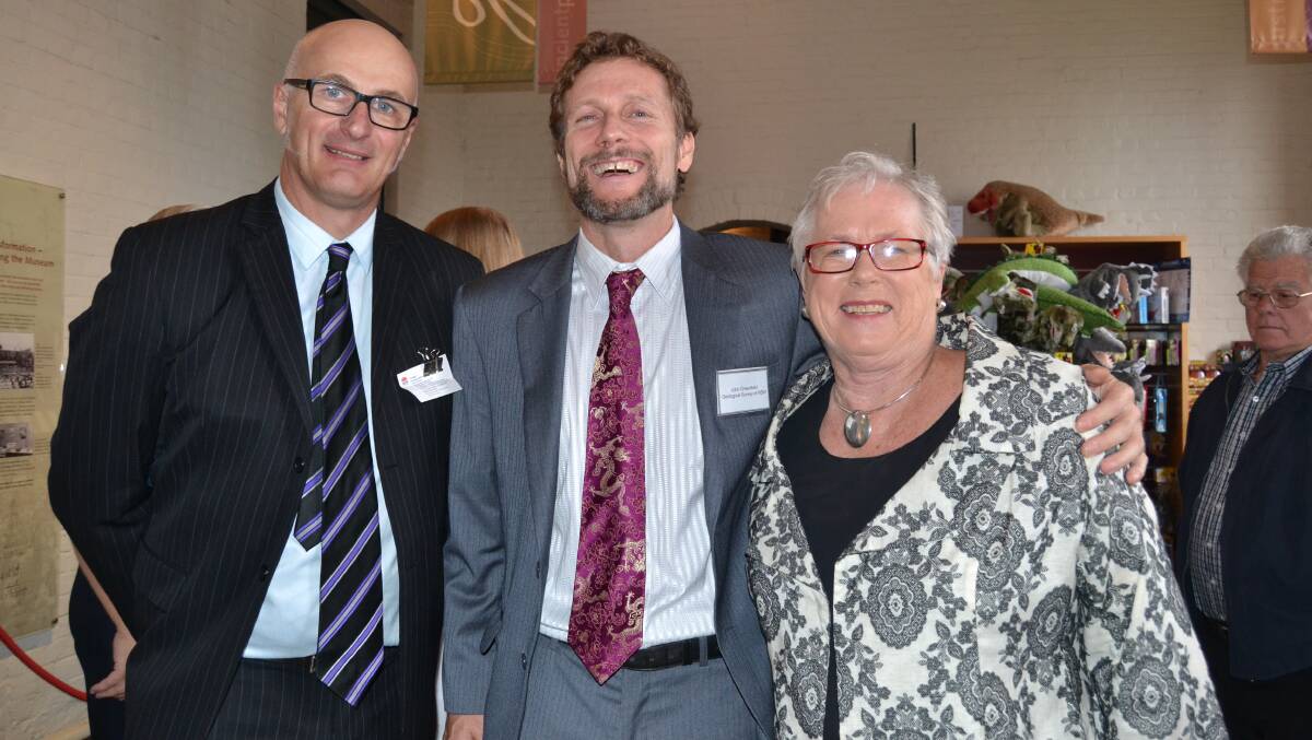 SNAPPED: The mineral map of Bathurst launch at the Australian Fossil and
Mineral Museum. Geological Survey NSW team leader Guy Fleming,
Geographical Survey director Dr John Greenfeld and councillor Monica Morse