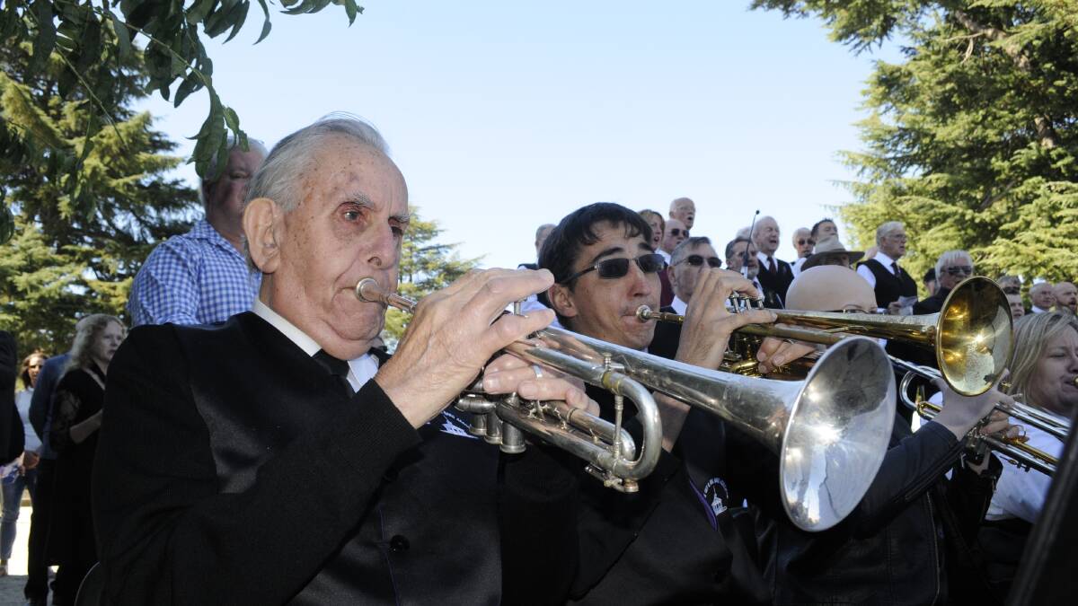 WHAT A MAN: Jim Denmead has played for a former prime minister, bishops and archbishops, but after Monday’s Anzac Day service he hung up his trumpet for good. 
Photo: CHRIS SEABROOK	 042516canzac9