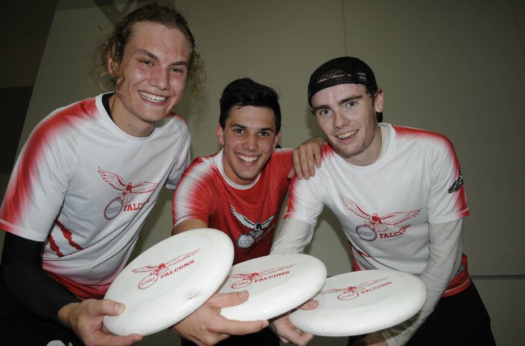 GAME ON: CSU Falcons’ team members Nick McKenna, captain Charlie Plicha and coach Hayden Farrell are looking forward to an intense couple of days during the Bathurst Stampede Ultimate Frisbee Tournament this weekend. Photo: CHRIS SEABROOK	 051915cfrisbees