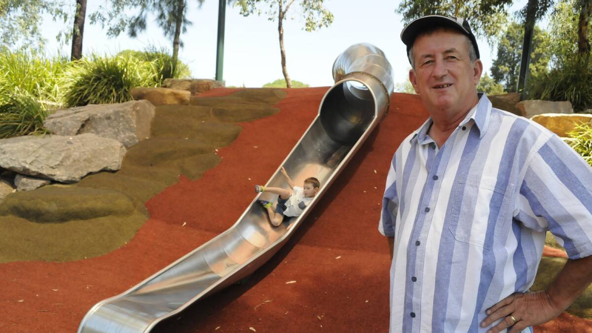UNDER CONSIDERATION: Councillor Bobby Bourke said council’s engineering department has been told of the concerns about this slide at the Adventure Playground. Photo: CHRIS SEABROOK	 021016cslipdip