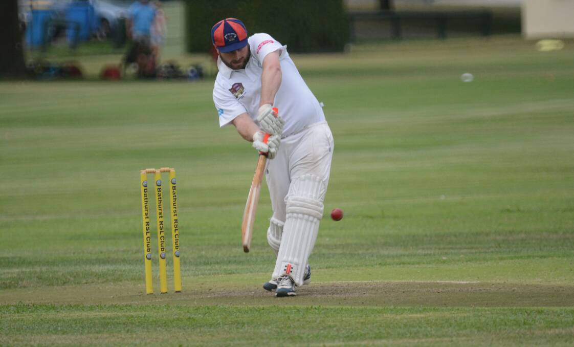 BATTLING: Matt Willis tried to occupy the crease during Bathurst City’s innings against Oxford Centennials but, on a tough day for batting, he was removed for 16 on Saturday. Photo: PHILL MURRAY 	021415pmatt