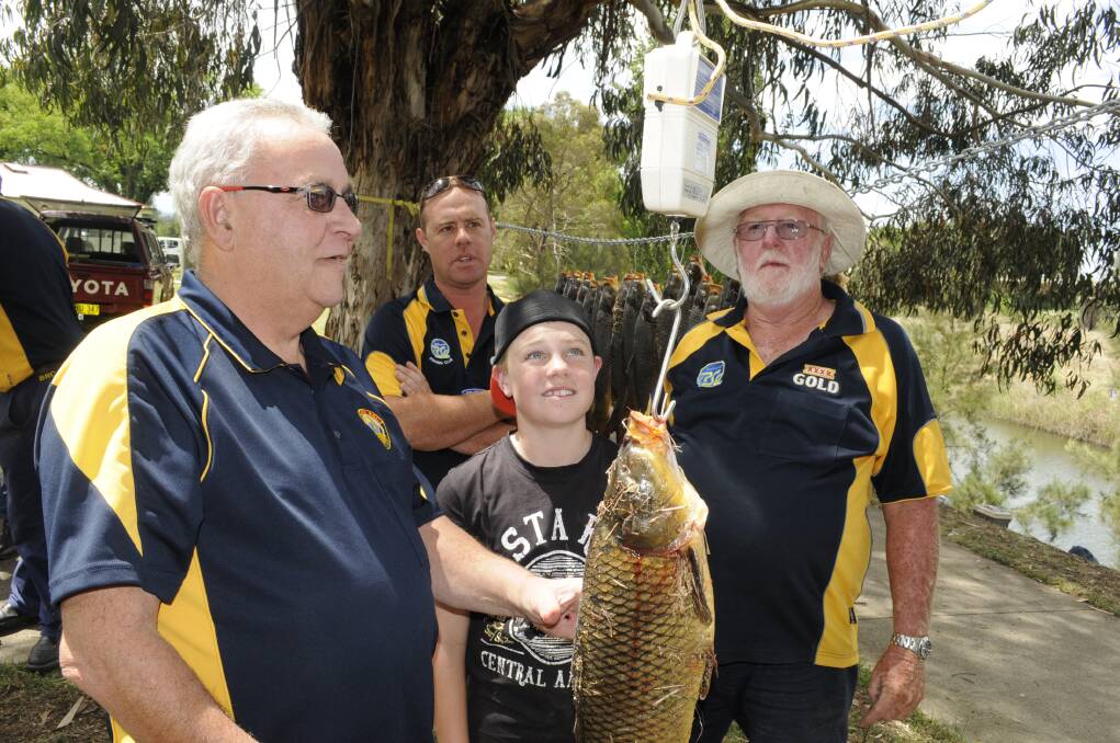 CARP BLITZ: Hundreds of anglers are expected to turn out on the banks of the Macquarie River tomorrow for the annual BCF Carp Blitz. Pictured at last year’s weigh in were, from left, Harry Robertson, Daniel Cavanagh, young Blaze Prebble and Viv Hitchin. 	110313carp2