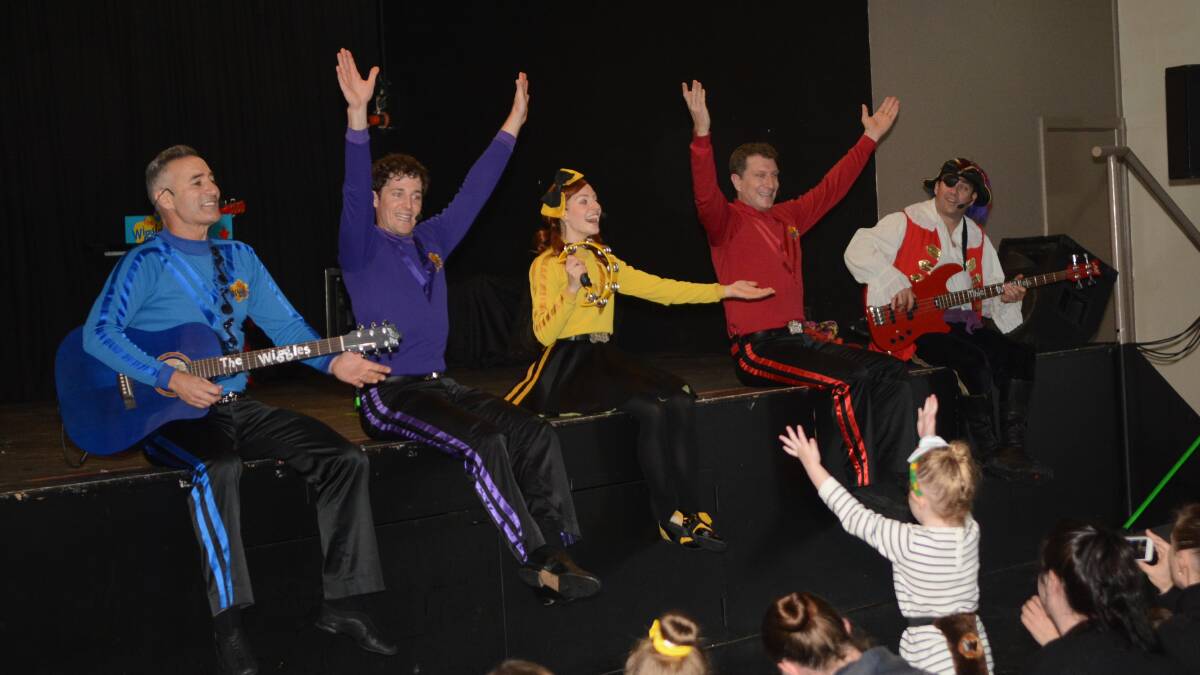 FUN FOR EVERYONE: The Wiggles – Anthony, Lachy, Emma and Simon – along with Captain Feathersword, made sure there was a smile on every dial when they performed at Bathurst Panthers. Photo: PHILL MURRAY 	052215pwiggles