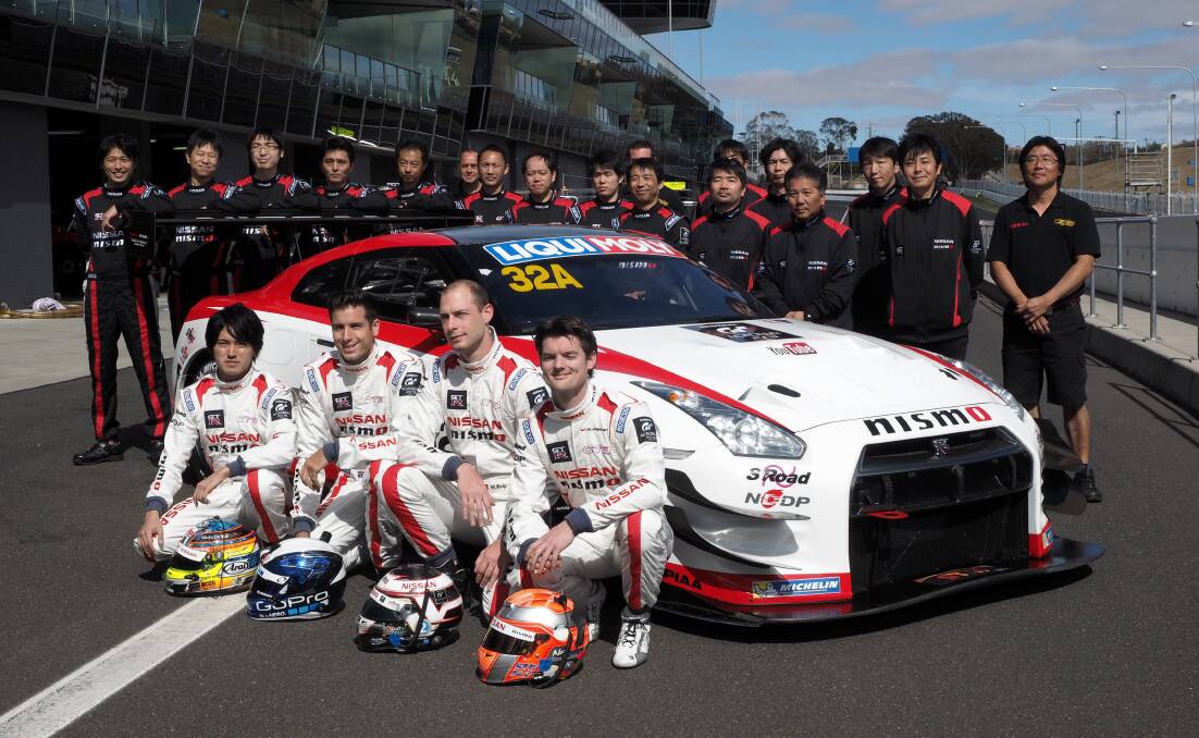 DEBUT: The Nissan team which contested this year’s 12 Hour was made up of drivers, from left, Katsumasa Cyio, Rick Kelly, Wolfgang Reip and Alex Buncombe. A scheduling clash with V8 Supercars next year means Kelly is unlikely to drive in the 2015 race. Photo: ZENIO LAPKA	 020614znissan2