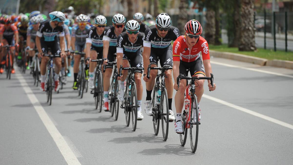 ON THE FRONT: Bathurst cyclist Mark Renshaw, fifth from the front, and his Etixx-QuickStep team-mates sit at the front of the peloton in the opening stage of the Tour of Turkey. Photo: GETTY IMAGES 	042715renshaw