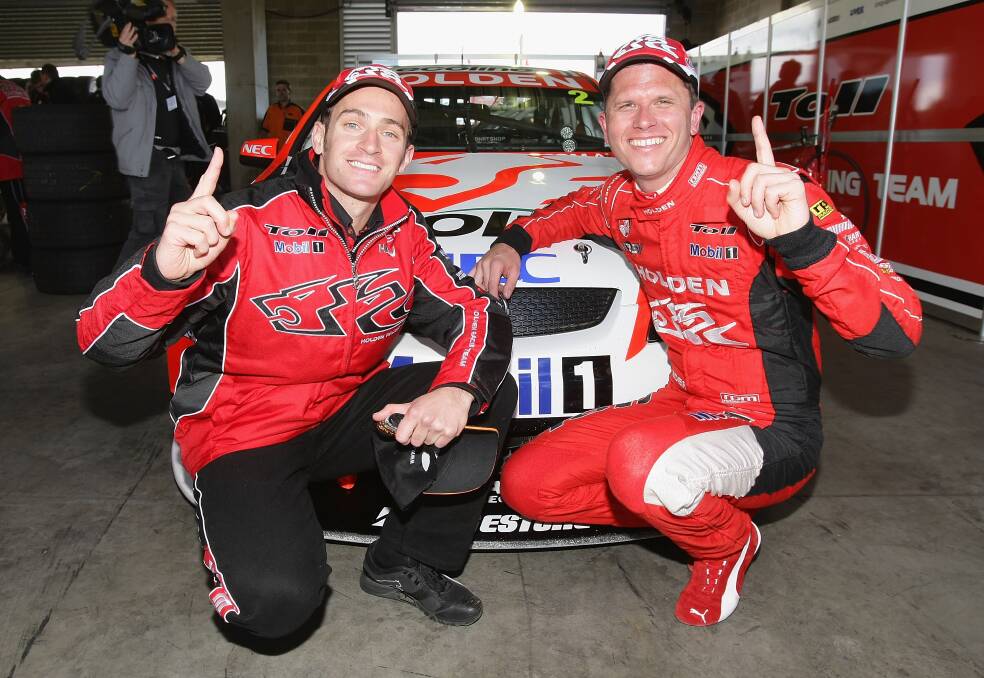 ENDURING MOMENT: Holden Racing Team star Garth Tander (right) celebrates after winning the 2009 Bathurst 1000 with Will Davison. Next year Tander will be chasing another victory at Mount Panorama when he joins Craig Lowndes in an Audi for the Bathurst 12 Hour.