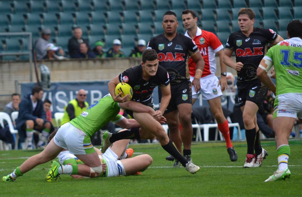 PILING ON THE POINTS: Penrith Panthers halfback Nathan Cleary picked up two tries in his side’s massive 74-10 win over the Canberra Raiders in Sunday’s Holden Cup match at Carrington Park. Photo: ALEXANDER GRANT 	043016agnrl1