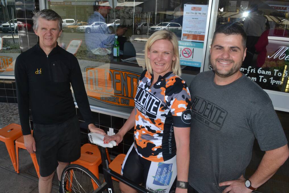 BOOST: Bathurst Cycling Club president Mark Simons (left) and Renee Covington are delighted at the support Al Dente’s Scott Taylor has given the Renee Covington Cup.