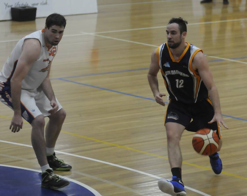 OUTPLAYED: Bathurst Goldminers star Kieran Osborn did everything he could against Wagga Wagga on Saturday, scoring 27 points, but it wasn’t enough for his side to avoid a 96-86 defeat. Photo: CHRIS SEABROOK 	052116cgoldmm3