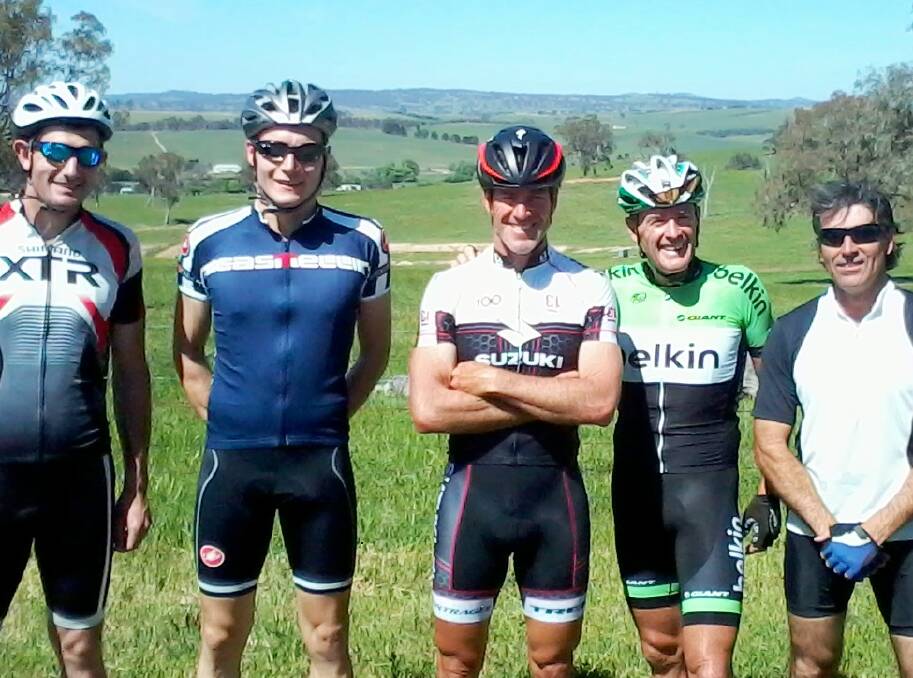 ATTACKING GROUP: The place getters from a very aggressively fought Bathurst Cycling Club A grade event on Sunday were, from left, Gavin Hill, Karl Addison, winner Richard Hobson, runner-up Mark Windsor and Steve Scott.