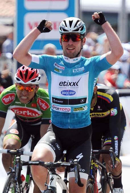 TWO FROM TWO:  Etixx-QuickStep rider Mark Cavendish celebrates winning his second consecutive stage in the Tour of Turkey. Bathurst’s Mark Renshaw provided him with the lead out in the final sprint on both occasions. Photo: GETTY IMAGES 	042815cav