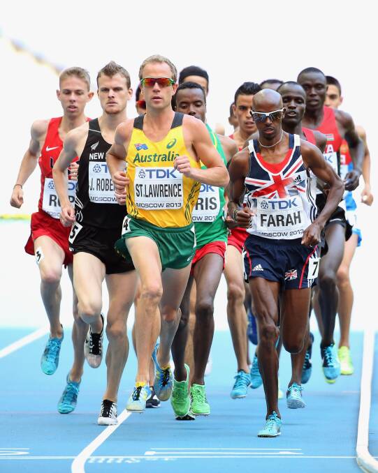 RULED OUT: Former CSU student Ben St Lawrence runs alongside Olympic champion Mo Farah at the World Athletics Championships in Moscow last year. However, when St Lawrence lines up in the men’s 10,000 metres event in Glasgow, Farah will not be amongst his rivals. Photo: GETTY IMAGES 	072814bennyst