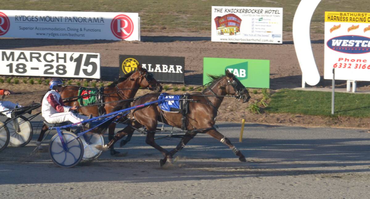 MUCH IMPROVED: Jethros An Eagle leads the field home to claim his second career win on Wednesday evening at Bathurst Paceway. Photo: SAM DEBENHAM 	030515sdtrots1