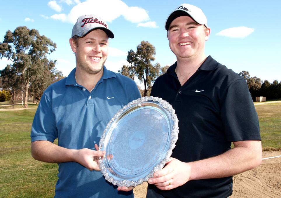 STOLEN: Craig Hanrahan and Adam Lewis managed to come from well back at the turn to claim the annual Jimmy Johnson Matchplay title at Bathurst Golf Club on Sunday. Photo: ZENIO LAPKA 	081014zjimmy1