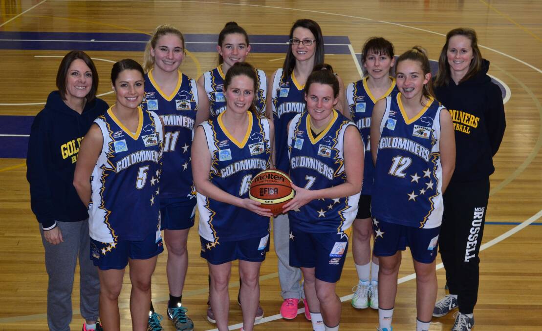 ALL SET: The 2015 Bathurst Goldminers women’s State League Division 1 team are ready to take on the Queanbeyan Yowies in tomorrow’s women’s State League semi-final. Front, from left, Hannah Cafe, Alicia Booth, Bronte Emanuel and Jess Matthews. Back: Jo Cafe (coach), Laycee Covington, Emily Matthews, Rachel Murray, Mary-Anne Porter and Teagan Burke (assistant coach). Absent: Riley Smith, Olivia Patterson and Chelsea Noon. Photo: ALEXANDER GRANT	 073015agminers