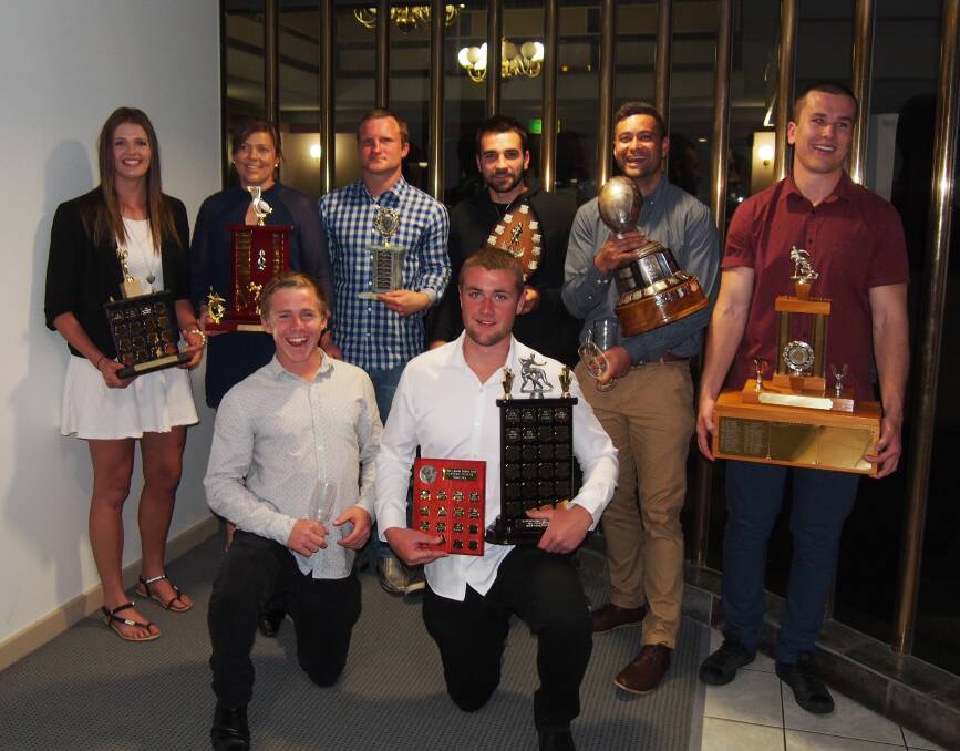 WINNERS: A group of the award winners from the St Pat’s presentation night last Friday, from left, back, Harriet Messner, Karah Armstrong, Rhys Frame, Corey Averio, Garry Reilly and Luke Single, along with front, Hudson White and Jack Mackey. 	092314patsPresso