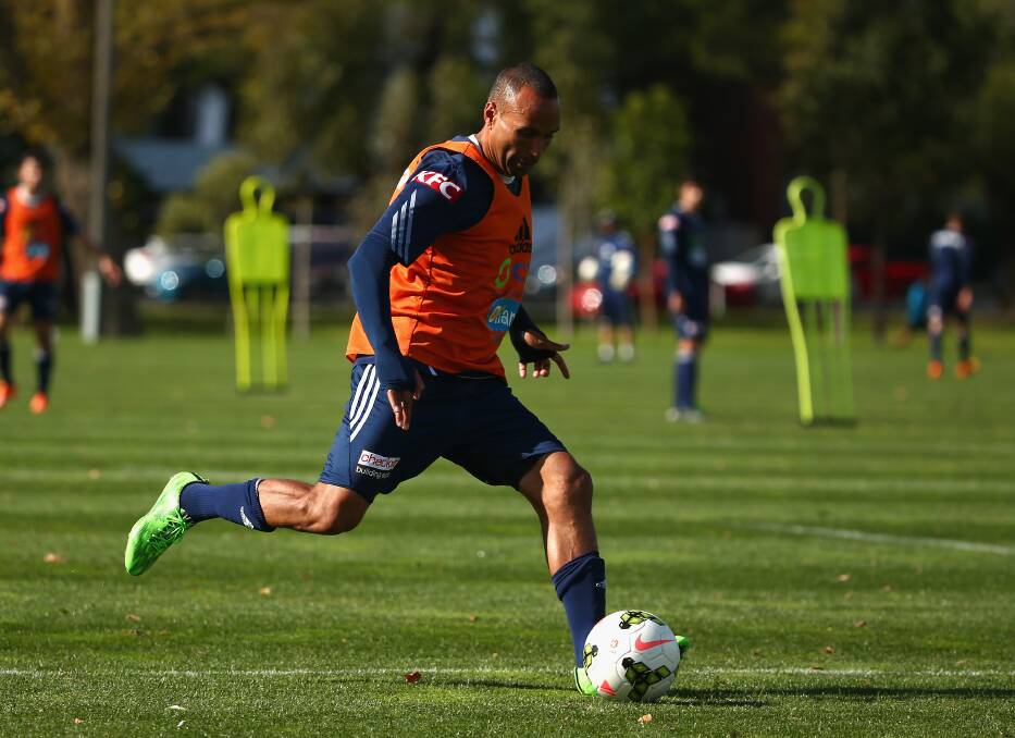 BATHURST DOUBLE: Former Bathurst junior and now Melbourne Victory striker Archie Thompson is pictured at work in a training session on Wednesday at AAMI Park. Both he and fellow Bathurst ’75 product Rhyan Grant will be in action over the next two days in A-League semi-finals. Photo: GETTY IMAGES 	050615thompson