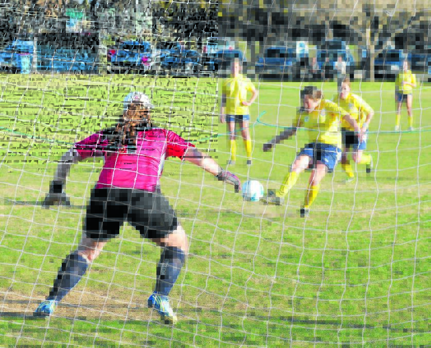 LEARNING: Western NSW Mariners player Megan McFarland puts away her second goal against Sutherland on the weekend. Mariners coach Tony Clancy is hopeful the side will retain most of its young squad next year. Photo: CHRIS SEABROOK 	082414cmarinw3