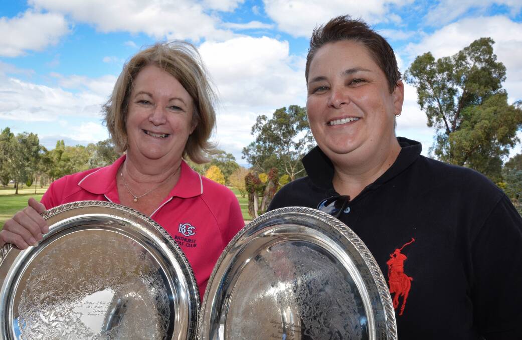 CRUISING: Chelsea Litchfield (right), pictured alongside last year’s B grade winner Toni Pender, looks headed for her third straight A grade title in the Bathurst Lady Golfers Club Championship. 	032215zgolf