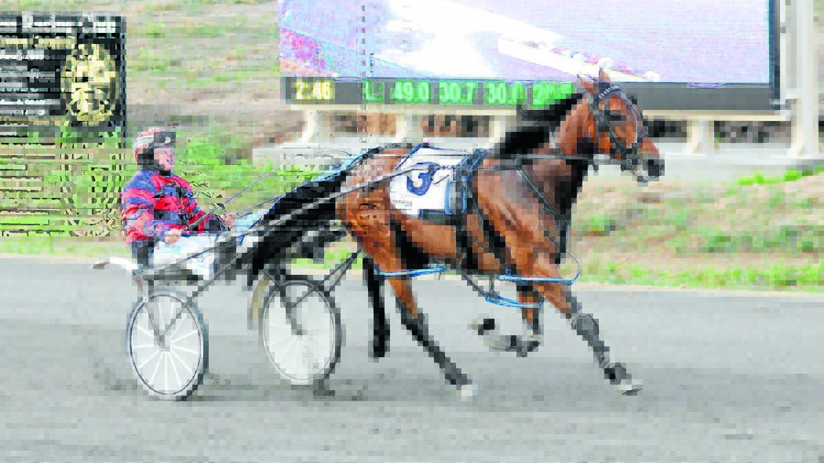 DOING IT EASY: Robert Morris guides Karloo Ten Seventy to victory in the second of the Bathurst Harness Racing Club’s Soldiers Saddle heats, finishing almost seven metres clear of his nearest rival. Photo: CHRIS SEABROOK 	121014ctrots2