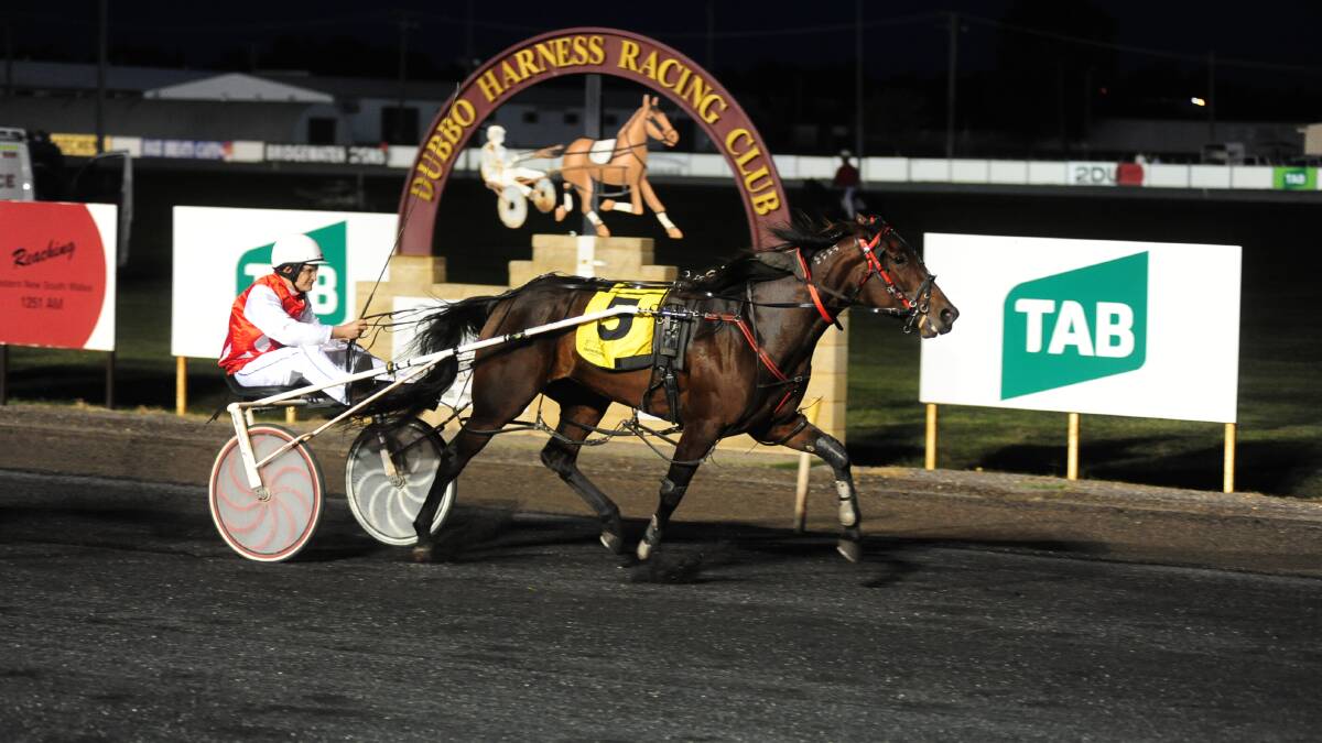THAT’LL DO: Blair Hurst goes past the post on board Getaloadaher at Dubbo on Wednesday night, recording his first career win in the process. Photo: Belinda Soole