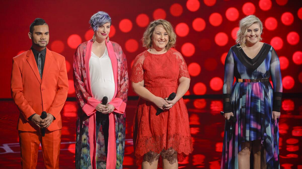 END OF THE LINE: Former Bathurst woman Cath Adams (centre right) was eliminated from The Voice in Sunday night’s episode, leaving fellow Team Jessie contestants Simi Vuata, Amber Nichols and Ellie Drennan to battle it out for the title of the next voice of Australia. Photo: SUPPLIED	 081015cath