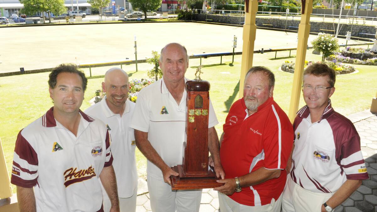 FAVOURITES: The team of Richard Lawson, Terry Pappas, skip Phil Westcott and Mark Alexander, who are 
pictured with Bathurst City president Ron Hollebone (second from right), took out the 2013 Carillon Fours. The team skipped by Westcott is the favourite to win again this weekend. Photo: CHRIS SEABROOK 	120813cbowls